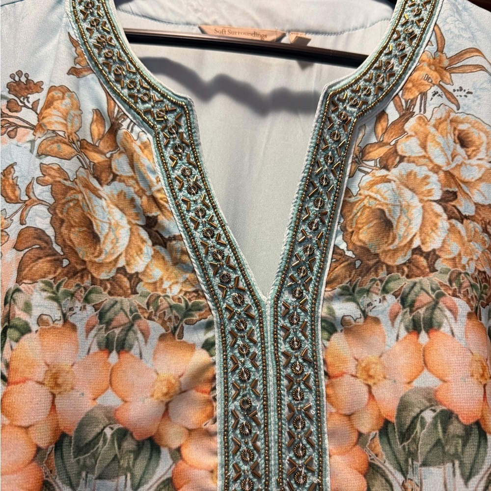 Soft Surroundings Light Blue Floral Maxi Dress with Gold Print - Picture 4 of 10